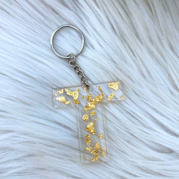Gold flake letter T name keychain keys car charm gift - Picture 2 of 2